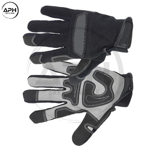 Gants de travail pour mécaniciens tout noirs, paume en daim rembourrée gris ardoise, sangle de poignet bleu ciel, pour l'assemblage et la manutention - Product Image 2