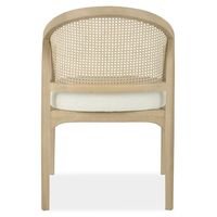 Chaise de salle à manger moderne style plage en bois de manguier avec dossier en rotin et tissu performant beige – Mobilier confortable pour cuisine