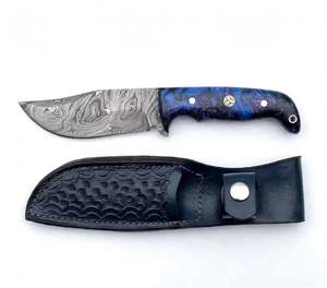 Handcrafted Damascus Steel Outdoor Utility Tool with Blue Swirl <b>Resin</b> Handle - Product Image 1