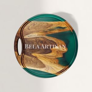 Handcrafted Oval Wooden Tray with Green <b>Epoxy</b> Resin Inlay Modern Design Serving Board Handle for Wedding and Ramadan - Product Image 2