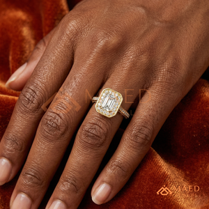 Gold Plated Emerald Cut Halo Engagement <b>Ring</b> Women <b>Split</b> Shank Pave Band Diamond Style Wedding <b>Ring</b> Jewelry - Product Image 4