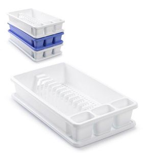 Scolapiatti in plastica bianco e blu rettangolare con vassoio di drenaggio e porta posate per lavello da cucina - Product Image 1