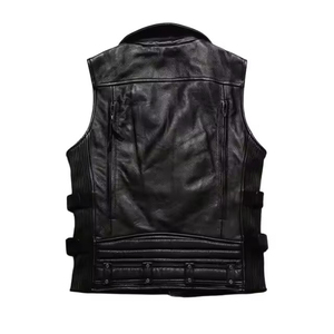 <b>Men's</b> Stylish Casual <b>Leather</b> <b>Vest</b> Retro Trendy Motorcycle Rider Jacket Western Cowboy Windproof Knitted Breathable Outer Wear - Product Image 2