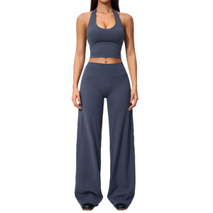 Ensemble de yoga 2 pièces pour femme : haut court dos nu et pantalon taille haute à jambes larges, motif écossais, extensible dans les quatre sens en Spandex/Nylon sans coutures - Product Image 1