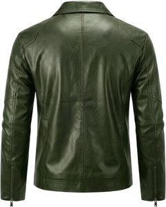 Veste Safari en Cuir Tissé Coupe Slim pour Homme, Col Montant, Fermeture Éclair, Vert Uni, Longueur Standard, Décontractée, Idéale pour l'Automne - Product Image 2
