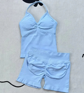 Women's Light Blue Nylon <b>Ruched</b> Halter Top and High Waist Scrunch Butt <b>Shorts</b> Two Piece Set - Product Image 1