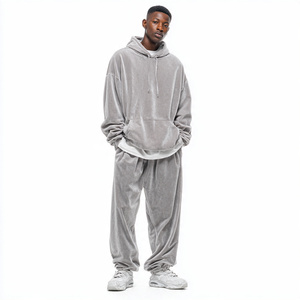 Ensemble de survêtement pour homme en velours côtelé violet à capuche, manches longues, couleur unie, coupe ample, décontracté, pour l'automne - Product Image 2