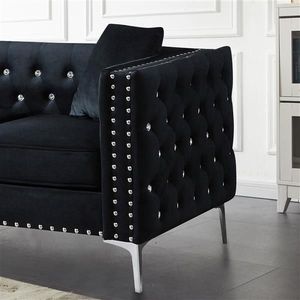82.3\" Modern Velvet Tufted Square Arm Couch Black Living Room Sofa with Jeweled Buttons and 2 Included Pillows - Product Image 5