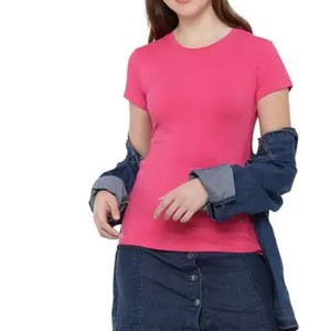 Camiseta de Manga Corta con Cuello Redondo Rosa para Mujer, Corte Ajustado, Color Sólido, Informal, Primavera Verano, 100% Algodón Jersey, Transpirable - Product Image 6