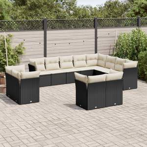Black Rattan Garden <b>Sofa</b> <b>Set</b> With Cream Cushions Outdoor Furniture Contemporary Design Waterproof UV Resistant PE Rattan - Product Image 1
