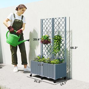 Fioriera Rialzata Autoirrigante Grigia con Traliccio, Ruote Bloccabili e Fori di Drenaggio - Comoda Cassetta per Fiori e Piante - Product Image 3