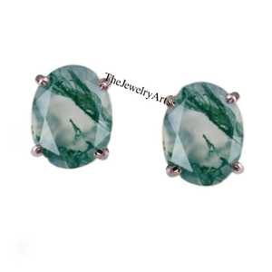 Boucles d'oreilles clous tendance et délicates en argent 925 avec agate verte mousse taille ovale – Cadeau d'anniversaire pour femme - Product Image 4