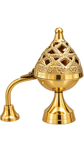 Brûleur d'encens en laiton MHQ TRADERS, petit encensoir Loban Dan ajouré et gravé avec couvercle et longue poignée, pour usage religieux, origine Delhi - Product Image 2