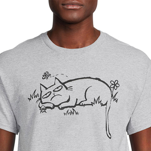 เสื้อยืดแขนสั้นสีเทาสำหรับผู้ชาย พิมพ์ลายการ์ตูนแมว ทรงปกติ คอกลม สไตล์ลำลอง ผ้าเจอร์ซีย์ - Product Image 6