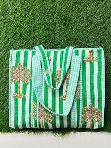 Sac fourre-tout matelassé en coton, rayures vertes et blanches, imprimé palmiers, style bohème, sac de plage, usage estival, ouverture supérieure, grande capacité - Product Image 3