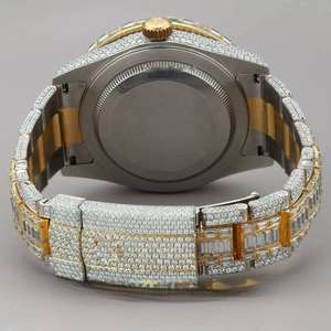 Montre analogique de luxe entièrement sertie de moissanite, quartz, bicolore, avec lunette baguette, GMT, style hip-hop, aspect diamant, en acier inoxydable - Product Image 4