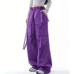 Pantalon cargo décontracté pour femme, coupe ample, jambe large, taille haute, fermeture à cordon, plusieurs poches, tissu durable en polyester/coton - Product Image 4