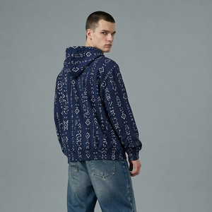 OEM ODM Men's <b>Navy</b> Blue Hoodie Pullover <b>Sweatshirt</b> With Geometric Print And Kangaroo Pocket custom logo - Product Image 4