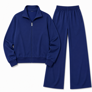 Ensemble de survêtement pour femme avec veste zippée intégrale et pantalon droit, bleu marine, vêtements de sport décontractés, logo personnalisé, vêtements de détente, fabricant en gros - Product Image 3