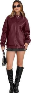 Women's <b>Burgundy</b> PU <b>Leather</b> Woven Bomber <b>Jacket</b> Full Sleeve Stand Collar Zipper Closure Front Logo Autumn Windproof Style - Product Image 5