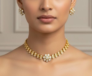 Ensemble collier choker plaqué or avec design floral Polki et boucles d'oreilles assorties, bijoux de mariage indiens pour mariée - Product Image 1