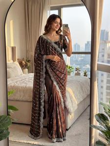 Indian Traditional Ethnic Partywear Saree in Sequins Embroidery Work for Wedding Occasion and Festive Function for Women Outfit - Product Image 5