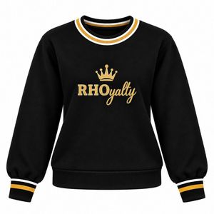 Pull en tricot noir RHO Royalty pour femme, col rond, broderie couronne dorée, col et poignets rayés, personnalisé pour sororité grecque - Product Image 1