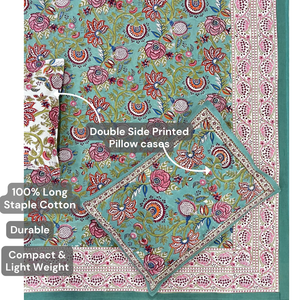 Jaipur 100% Cotton King Flat Bed Sheet 3 <b>PC</b> <b>Set</b> Hand Block Printed Breathable Soft Durable Machine Washable 200TC Floral Design - Product Image 4