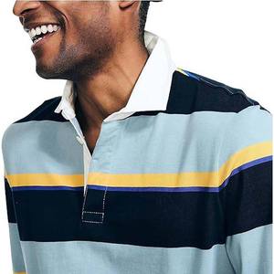 Men's Long Sleeve Striped Polo Shirt Full Sleeve Cotton Regular Fit Button Closure <b>Light</b> Blue Navy Yellow Stripes - Product Image 3