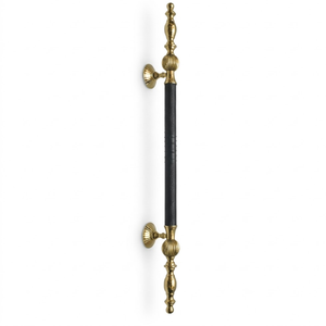 Poignée de porte d'hôtel CZARINA en laiton massif de luxe moderne avec poignée en cuir noir véritable |   Poignée de porte d'entrée en or antique - Product Image 1