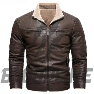 Men's Black PU Leather Moto <b>Biker</b> <b>Jacket</b> Slim Fit Zipper Closure Stand Collar Faux Fur Lining Winter Wear - Product Image 4