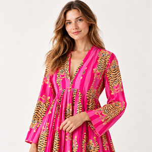 Pink Animal Print Chiffon Midi <b>Dress</b> V-Neck Lantern Sleeve <b>Boho</b> A-Line Wrap Casual <b>Summer</b> <b>Dress</b> - Product Image 2