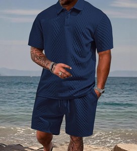 Ensemble polo et short pour homme, bleu clair, couleur unie, tricoté, respirant, décontracté, pour l'été - Product Image 5