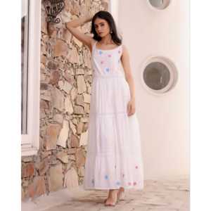 Vestido Floral Blanco Pintado a Mano Talla XS Transpirable y con Cintura Natural para Ocasiones Diarias - Product Image 5