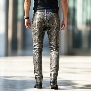 <b>Men</b> Snakeskin <b>Leather</b> <b>Pants</b> High Waist Slim Fit Full Length Flat Front Breathable Lightweight Vintage Casual Trousers - Product Image 2