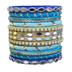 Brazaletes Étnicos de Seda Azul con Incrustaciones de Kundan, Chapados en Oro, Hechos a Mano, para Mujer, Brazaletes de Moda para Chicas, Festivos - Product Image 1