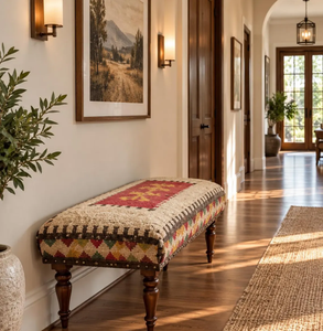 Boho Kilim Handwoven <b>Wool</b> Jute Bench Rustic <b>Wooden</b> Entryway Seating Upholstered Farmhouse Hallway Furniture Vintage Accent Seat - Product Image 1