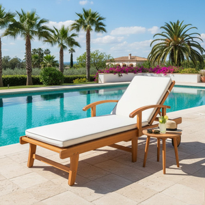 Teak Sun Lounger With <b>White</b> <b>Cushion</b> Manual Reclining Outdoor Patio Furniture For Villa Poolside Use - Product Image 1