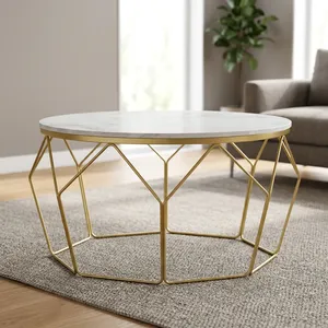 <b>Round</b> Marble Coffee <b>Table</b> <b>Gold</b> Tone Metal Coffee Center <b>Table</b> Modern Living Room Furniture Custom Coffee <b>Table</b> For Office Use - Product Image 2
