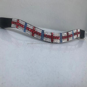 High Quality Personalized Flag Preciosa <b>Crystals</b> Black English Leather Horse Brow Band with <b>Stitched</b> Loops All Sizes Available - Product Image 4