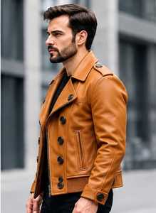 Men's mustard <b>colour</b> Leather Jacket turn down Collar button Closure Sleeve Autumn - Product Image 3