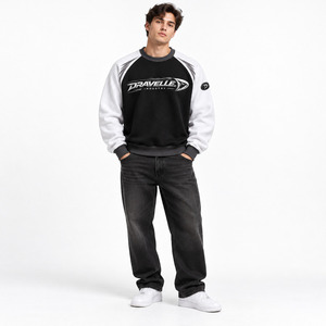 เสื้อสเวตเชิ้ตคอกลมแขนแร็กแลนสีดำขาวสำหรับผู้ชายแบบกำหนดเอง - Product Image 3