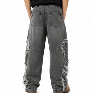Men Distressed Jeans Washed Denim Relaxed Baggy Fit Ripped Detail Style Modern Streetwear Look Durable Denim Fabric - Product Image 2