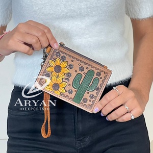 Porte-cartes unisexe en cuir de vachette véritable, nouveau design, motif tournesol et cactus, mini pochette zippée style bohème - Product Image 1