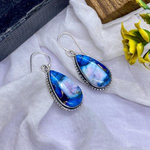 Boucles d'oreilles pendantes en cuivre et turquoise, argent sterling 925, minimalistes, pierres précieuses naturelles, bijoux faits à la main, cadeau - Product Image 5