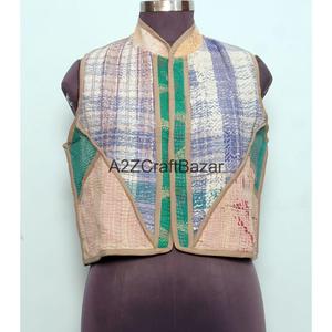 100% Cotton <b>Kantha</b> Waistcoat for Women Handmade Unique Winter Sleeveless Vest with Patchwork Fabric Vest-Coat Design - Product Image 3