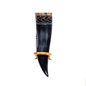 Corne à boire Viking gravée, authentique corne de bœuf, 400 ml, avec support en bois, polie à la main, écologique, motif animal sculpté, naturelle - Product Image 2