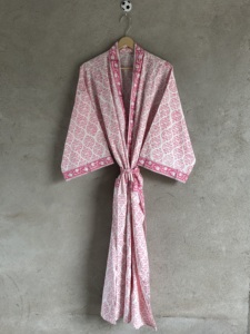 Block Print Woven Cotton <b>Kimono</b> Robe Long Sleeve Floral <b>Beach</b> Cover Handcrafted V-neck Belted Full-Length Spring Summer Front - Product Image 2