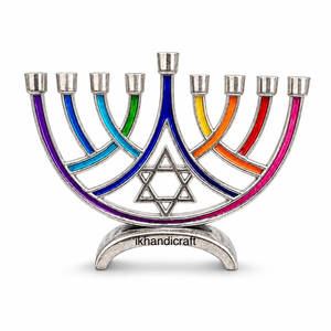 Metal Hanukkah Menorah 9 Branch Candlestick Holder Polished Finish Multicolored Tabletop Hanukkah <b>Decor</b> - Product Image 1