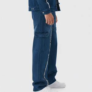Pantalon en jean délavé de style streetwear pour homme, coupe ample, avec empiècements cousus, patchwork et jambe large droite, de haute qualité - Product Image 5